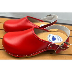 New Red ORTHOPEDIK Natural Leather Swedish Wood Clogs Mules 39 EU 8.5 US